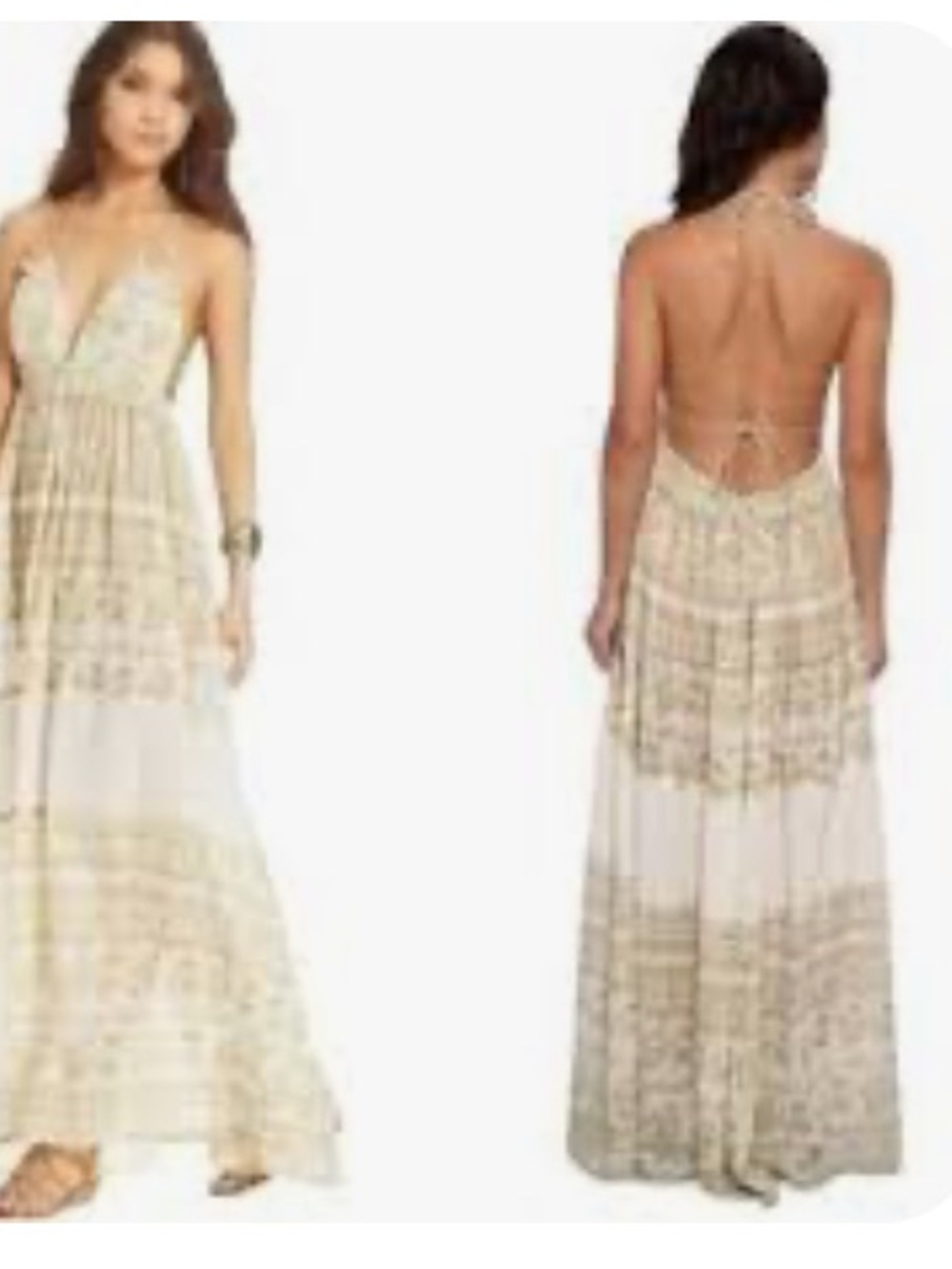 Free People Endless Summer Halter Maxi Dress Ivory Gold Boho Open Back Size M